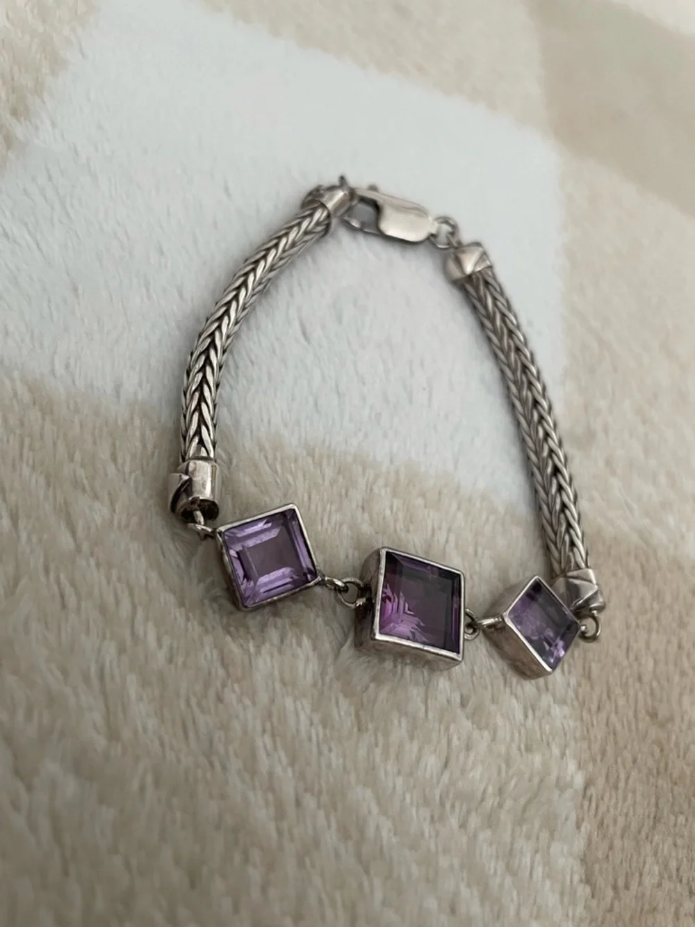 Vintage Lori Bonn 925 Sterling Silver Bracelet Three Purple Square Gemstones